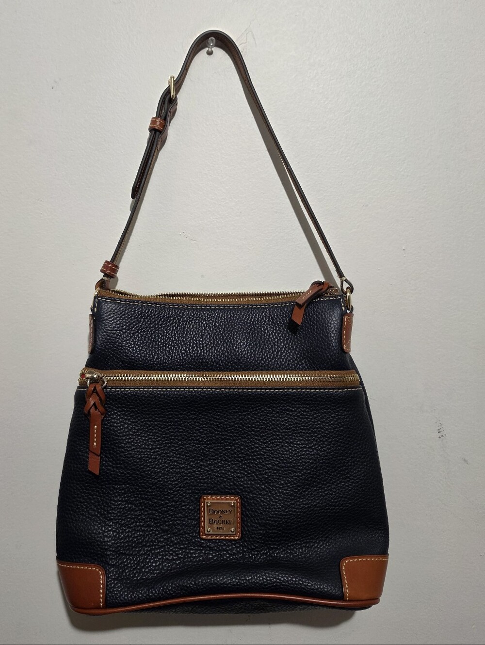 Dooney & Bourke Navy Pebbled Leather Shoulder Bag with Tan Trim